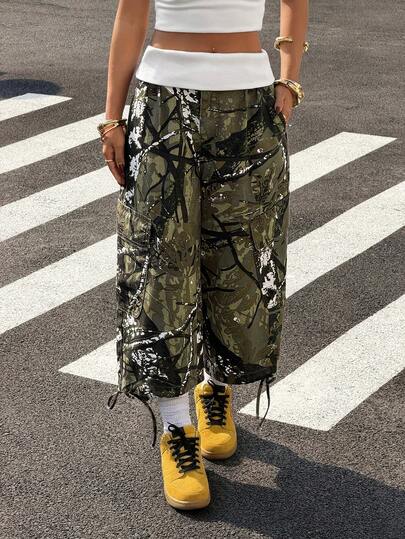 StreetHx Women's All-Over Print Slant Pocket Casual Wide Leg Jeans