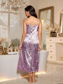 SHEIN Elegant Floral Print Satin Slip Dress - Mauve Purple - View 2