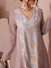 Al Najma 刺绣拼接薄纱面料，优雅派对礼服 - 粉色 - 查看 7