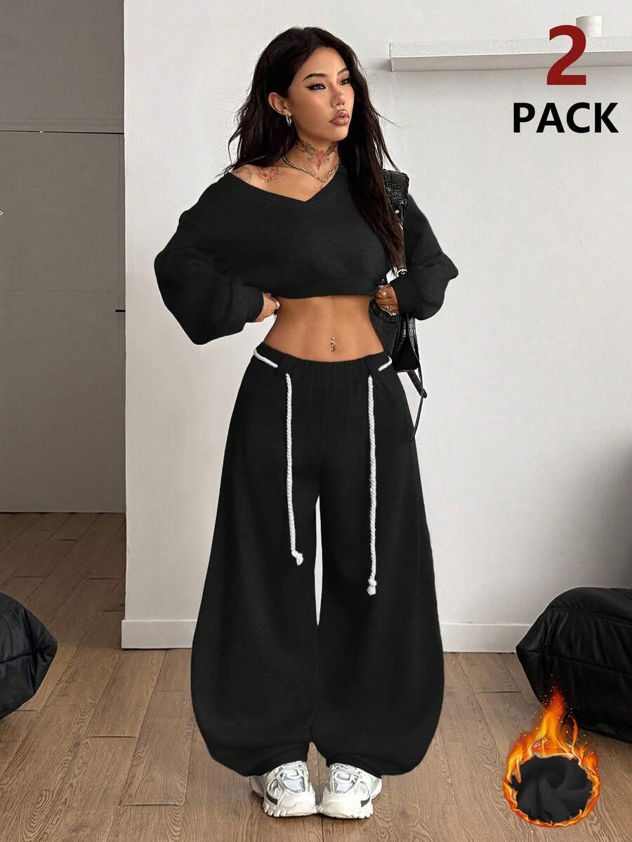 Coolane Women's Winter/Spring Streetwear Back To School Casual Daily Wear Warm/ Cold Weather/ Thermal Comfortable Deep V-Neck Long Sleeve Crop Sweatshirt And Wide Leg Curved Hem Pants Black Suit Set Two Pieces Outfits - Black - View 1