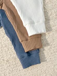 Loomiva 6件套新生女宝宝卡通熊图案针织柔软圆领长袖套头衫和松紧腰长裤套装 - 卡其色 - 查看 5