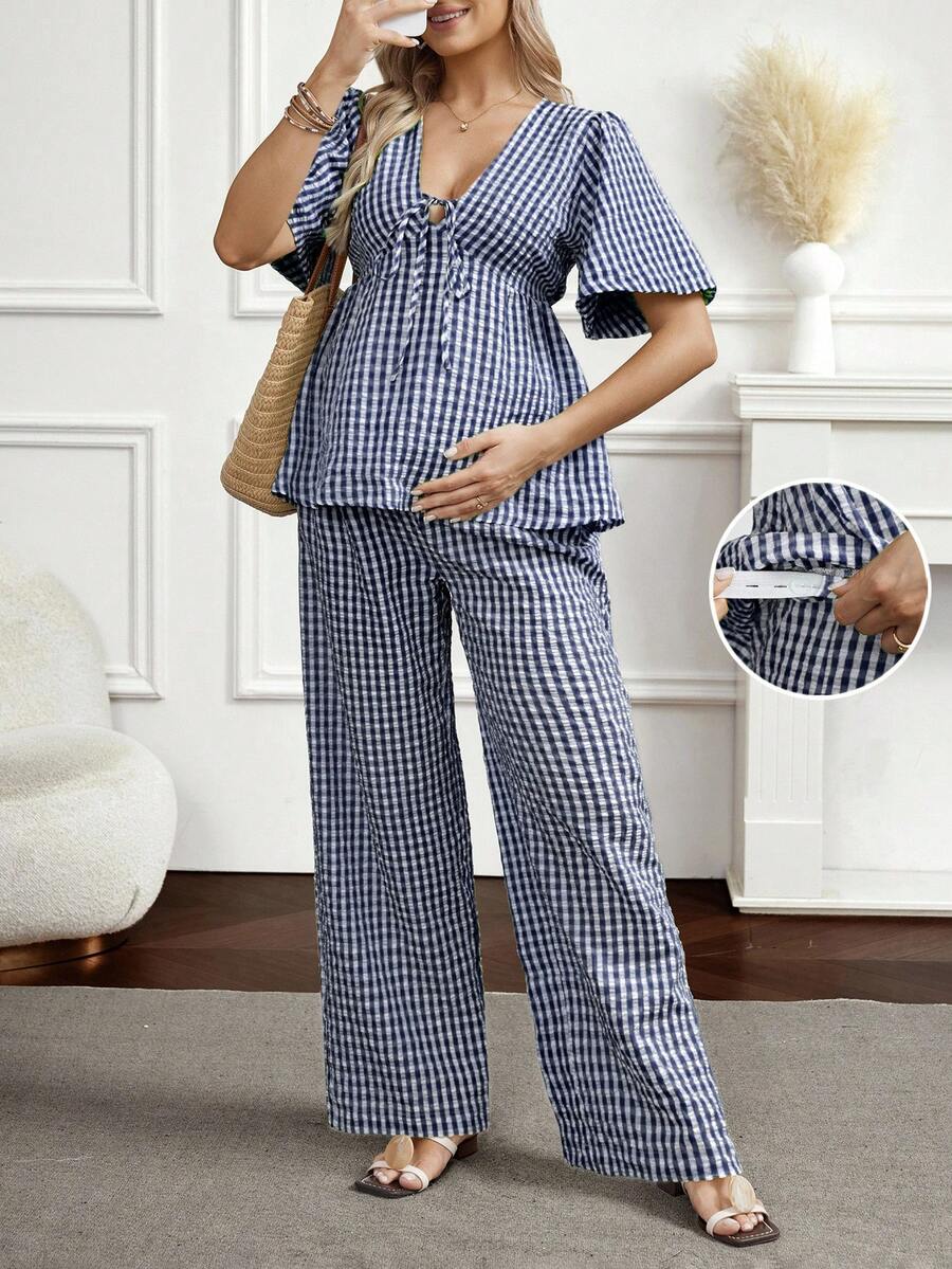 SHEIN 两件套：系带格子衬衫和阔腿裤 - 寶藍色 - 查看 1