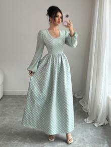 Modelyn 女士黑色提花拼接泡泡珠腰A字优雅连衣裙 - 灰綠 - 查看 3