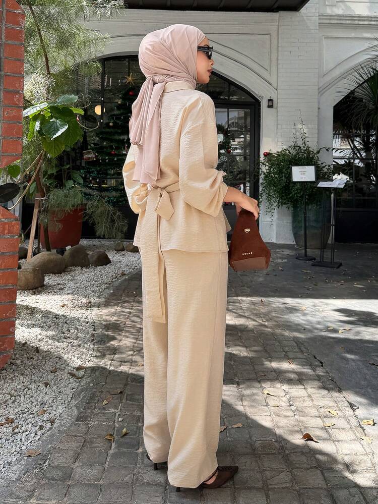 Women's Casual Solid Color Twist Knot Shirt And Wide Leg Pants 2 Pieces Set, Spring/Summer