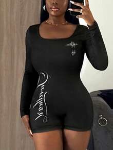 Slaydiva 新款春夏音乐节情人节休闲简约基础款Y2K街头甜美网红热销日常约会辣妹风性感休闲基础款运动风方领长袖标语Logo翅膀印花紧身超短紧身连体裤 - 黑色 - 查看 4