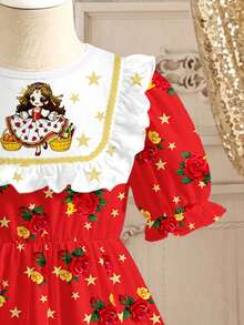 SHEIN Đầm công chúa kiểu dáng vintage dễ thương với họa tiết ngôi sao và hoa hồng, thích hợp cho bé gái mặc thường ngày vào mùa xuân/hè. - Nhiều màu - Xem 5