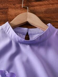 少女优雅翻领花卉装饰无袖上衣和裤子两件套 - 紫色 - 查看 5