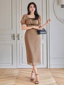 DAZY 女士优雅撞色荷叶边方领长连衣裙，夏季婚礼宾客礼服 - 卡其色 - 查看 3