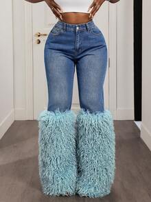 Slaydiva Women's Casual Fashion High Waist Patchwork Faux Fur Denim Jeans - Blue - View 4