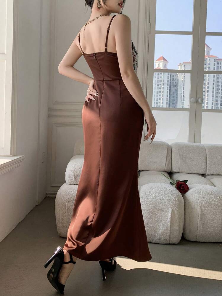 Women's Elegant Floral Contrast Color Splice V-Neck Sleeveless Dress, Summer Wedding Guest Dress Sundress