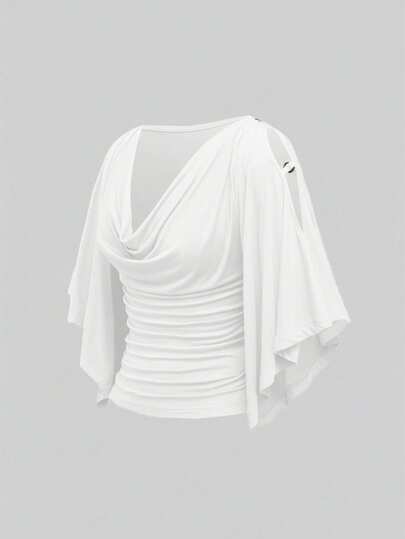 ROMWE Hippie Camiseta de mujer de manga de murciélago con cuello de barco, cintura ceñida, decoración de cuentas de madera y hombros sueltos, estilo vintage para primavera/verano