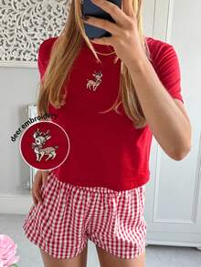 SHEIN EZwear 2件套春夏刺绣可爱短袖T恤和格子短裤休闲家居服，大码 - 紅色 - 查看 2