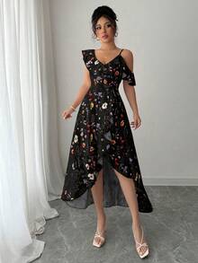 Elenzga Elegant Asymmetric Ruffle Floral Print Summer Dress - Black - View 5