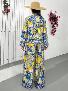 Women's Lemon Tile Print Two Pieces Set – Long Sleeve Button Up Shirt & Wide Leg Pants, Mediterranean Summer Outfit, Vacation Lounge Wear - Multicolor - View 3