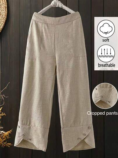 Linhara Plus Size Solid Color Linen Feel Pocket Design Button Decor Loose Casual Pants
