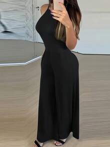 INAWLY 1 Bộ đồ liền thân áo ba lỗ dây mảnh cho nữ và quần ống rộng, áo liền quần - màu đen - Xem 2