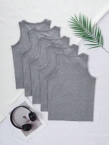 5pcs Boys' Comfortable Casual Sleeveless Solid Gray Crew Neck Undershirt Vest, Versatile Basic Layering Piece, Soft Stretchy Knit Fabric, Machine Washable - Multicolor - View 2