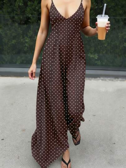Cévolie Vacation Holiday Vibe! Deep V Polka Dot Slip Maxi Dress, Valentine's Day Sexy Slim Fit Dress For Vacation Resorts