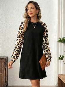 SHEIN LUNE Damen Leoparden-Muster Ärmel Spliced Country Rundhals Strickkleid - Schwarz - Übersicht 6