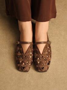 Rosivie 优雅镂空平底女鞋，时尚舒适，法式方头设计，尽显优雅气质 - 棕色 - 查看 2