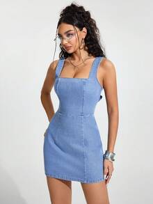 Jeanoix 女士露背打结设计休闲日常牛仔连衣裙 - 藍色 - 查看 5