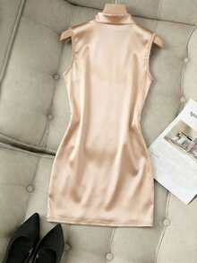 Franclia 时尚新款亮面高领无袖褶裥腰部修身不对称紧身连衣裙，女款 - 杏色 - 查看 2