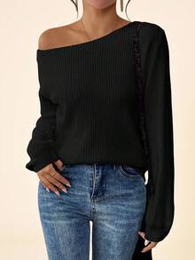 Coeurva Women's Solid Color Oblique Shoulder Long Sleeve Loose Ribbed Casual Knit Pullover Sweater In Fall/Winter - Black - View 7