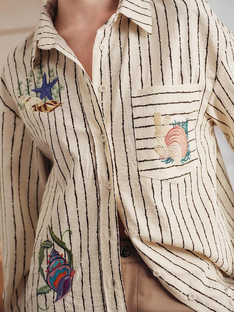 Vintage Striped Shell & Starfish Embroidered Loose Long Sleeve Shirt