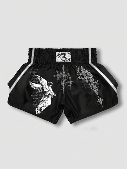 ROMWE MEN Goth 男士夏季休闲运动时尚街头天使标语交叉印花弹力腰撞色滚边短裤