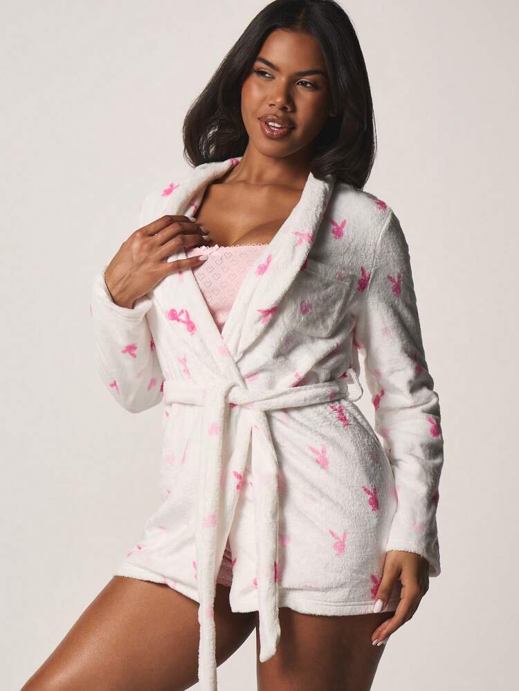Missguided x Playboy Print Fleece Hooded Robe With Belt Long Sleeve Winter Loungewear Cozy Sleepwear For Valentine's Day