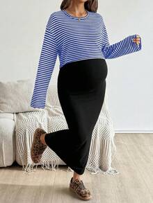 SHEIN 2pcs Set: Raglan Sleeve Striped Top And Solid Color Tight Maternity Outfit, Suitable For Autumn - Royal Blue - View 8