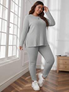 EURMUSE Plus Size Comfortable Knit Ribbed 2 Pieces Set - Light Grey - View 3