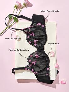 LUVLETTE 情人节玫瑰刺绣优雅内衣透气半罩杯性感无衬垫花卉蕾丝薄纱黑色网纱文胸浪漫礼物文胸 - 黑色 - 查看 8