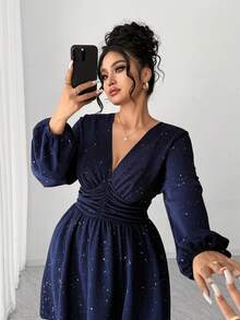 Elenzga Abito casual elegante con scollo a V, stile vintage romantico francese con stampa in lamina, adatto per San Valentino - Blu Navy - Visualizzare 6