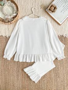 SHEIN Bộ 2 món đồ mặc nhà thoải mái dành cho nữ và thiếu nữ, gồm áo dài tay và quần, cổ và gấu áo viền hoa trang nhã. - trắng - Xem 3