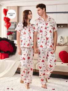 CoupledUp Bộ đồ ngủ nam tay ngắn in hình trái tim bằng lụa giả - Đỏ và trắng - Xem 1