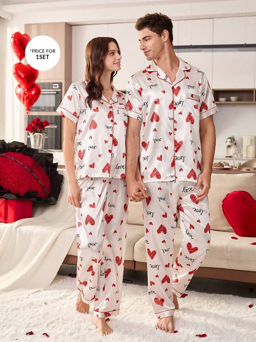 CoupledUp Bộ đồ ngủ nam tay ngắn in hình trái tim bằng lụa giả - Đỏ và trắng - Xem 1