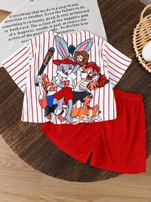 SHEIN Little Byeori 2 件套年轻男孩休闲街头时尚可爱卡通动物图案超大圆领短袖 T 恤和蓝色短裤夏季服装 - 紅色 - 查看 2