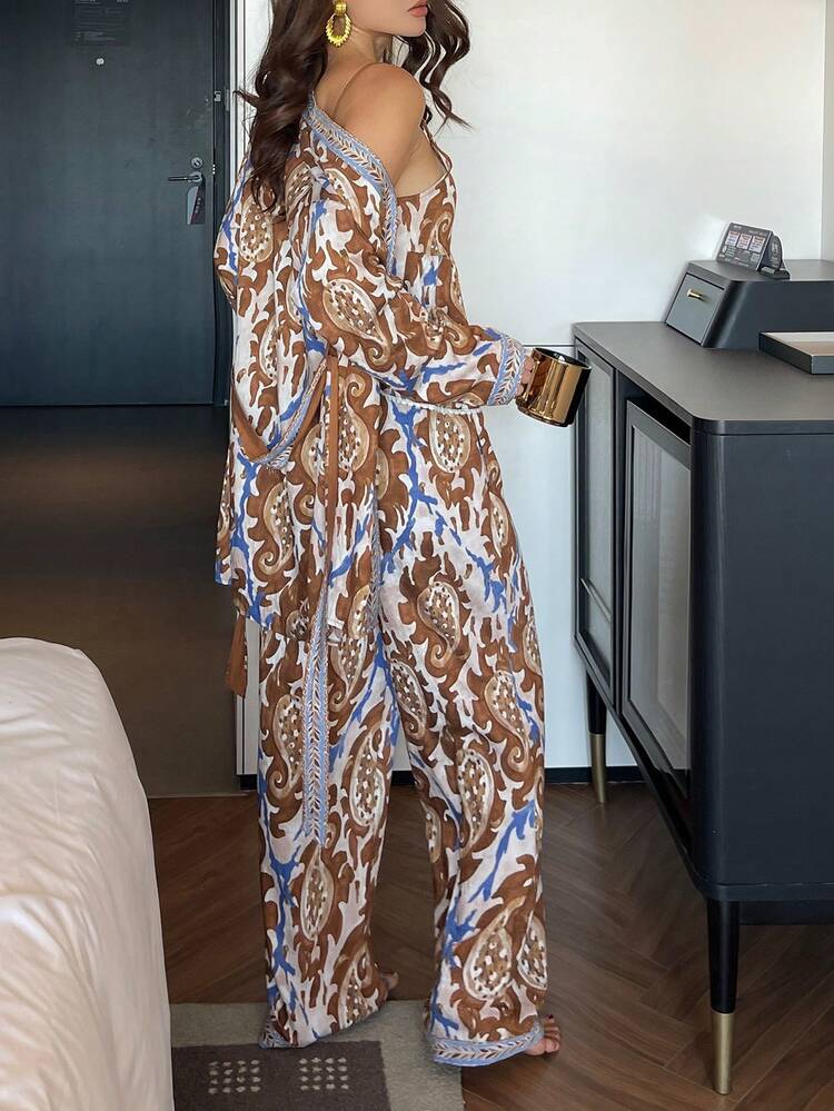 3pcs/Set Print Robe, Camisole & Pants Pajama Set For Women, Vacation Style