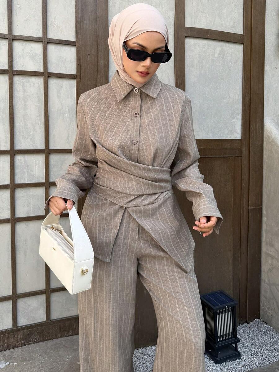 DAZY 女士休闲条纹交叉系带衬衫和阔腿裤两件套，春夏款 - 灰色 - 查看 1