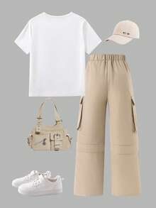 SHEIN ChillGRL 两件套：少女休闲时尚可爱蝴蝶结刺绣短袖上衣和多口袋工装裤 - 卡其色 - 查看 2