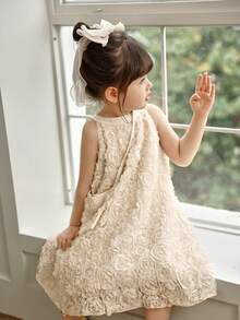 SHEIN 年轻女孩夏季优雅碎花宽松露背连衣裙，搭配斜挎包，度假风 - 杏色 - 查看 5