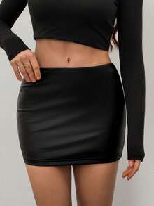 SHEIN Tall Women's Sexy Casual Black PU Low Waist Bodycon Mini Skirt (With Leggings Included), Black Mini Skirt, Tight Skirt, Short Black Skirt - Black - View 1