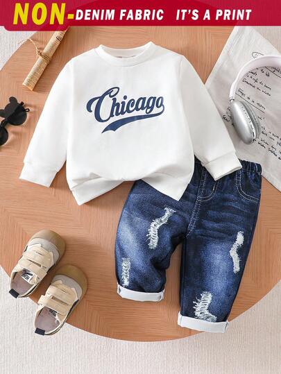 SHEIN Set de 2 piezas Niño/Niña Bebé Unisex Infante/Niño pequeño 0-3 años Sudadera de manga larga de cuello redondo azul casual y pantalones de tela vaquera blanca con estampado de letras de 2 piezas, ajuste cómodo para exteriores, casual, deportes, fiesta