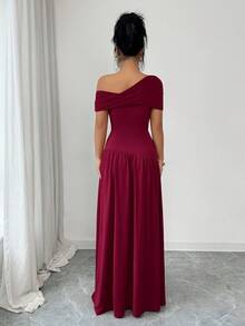 Rafferiza 不对称领口褶皱长款连衣裙 - 酒紅色 - 查看 2