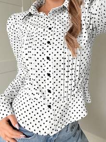 CovetEZ 波点休闲女式泡泡袖单排扣褶皱衬衫 - 黑與白 - 查看 5