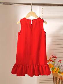 SHEIN 少女蝴蝶结装饰无袖A字荷叶边法式优雅简约公主裙，适合通勤 - 紅色 - 查看 2
