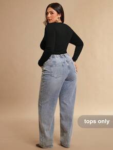 SHEIN BAE Bodysuit Assimétrico de Manga Longa para Mulheres Plus Size, Vermelho Vinho - Preto - Visão 2