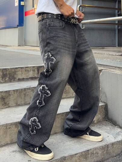 ROMWE MEN Men's Cross Patch Pocket Frayed Hem Wide Leg Loose Casual Jeans