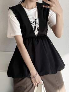 FRIFUL Women's Solid Color Layered Ruched Frill Trim Loose Casual Versatile Tank Top Summer - Black - View 1